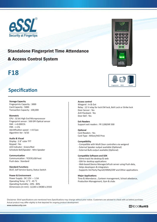 Staff Attendance Machine eSSL F18 - Biometric Attendance System