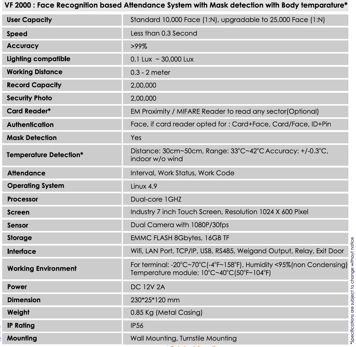 Fortuna VF2000 Weatherproof AI-based Face Attendance and Access Control System