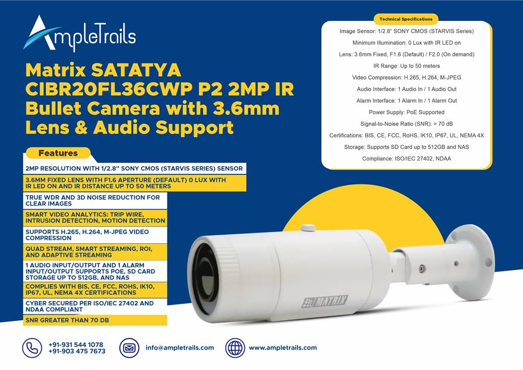 Matrix SATATYA CIBR20FL36CWP P2 2MP IR Bullet Camera with 3.6mm Lens & Audio Support