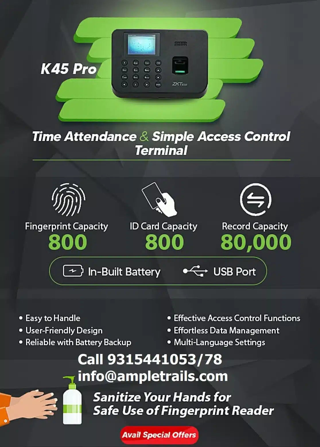 ZKTeco K45 Pro Fingerprint Attendance Machine for Offices