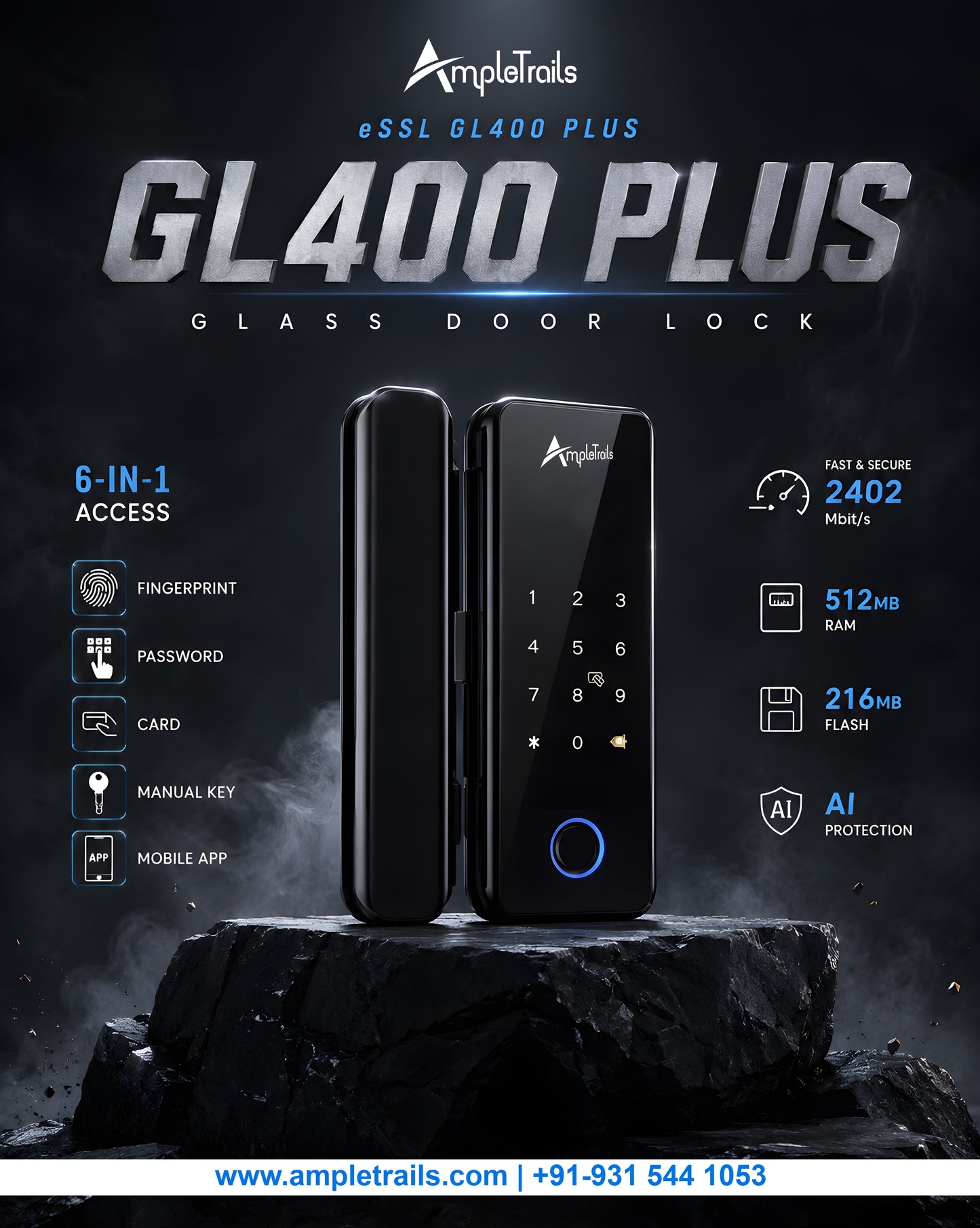eSSL GL400 Plus Glass Door Fingerprint Lock – Keyless Smart Door Lock