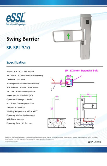eSSL SB-SPL-310 Premium Swing Barrier Gate