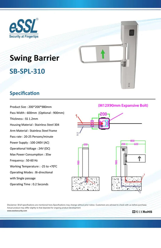 eSSL SB-SPL-310 Premium Swing Barrier Gate