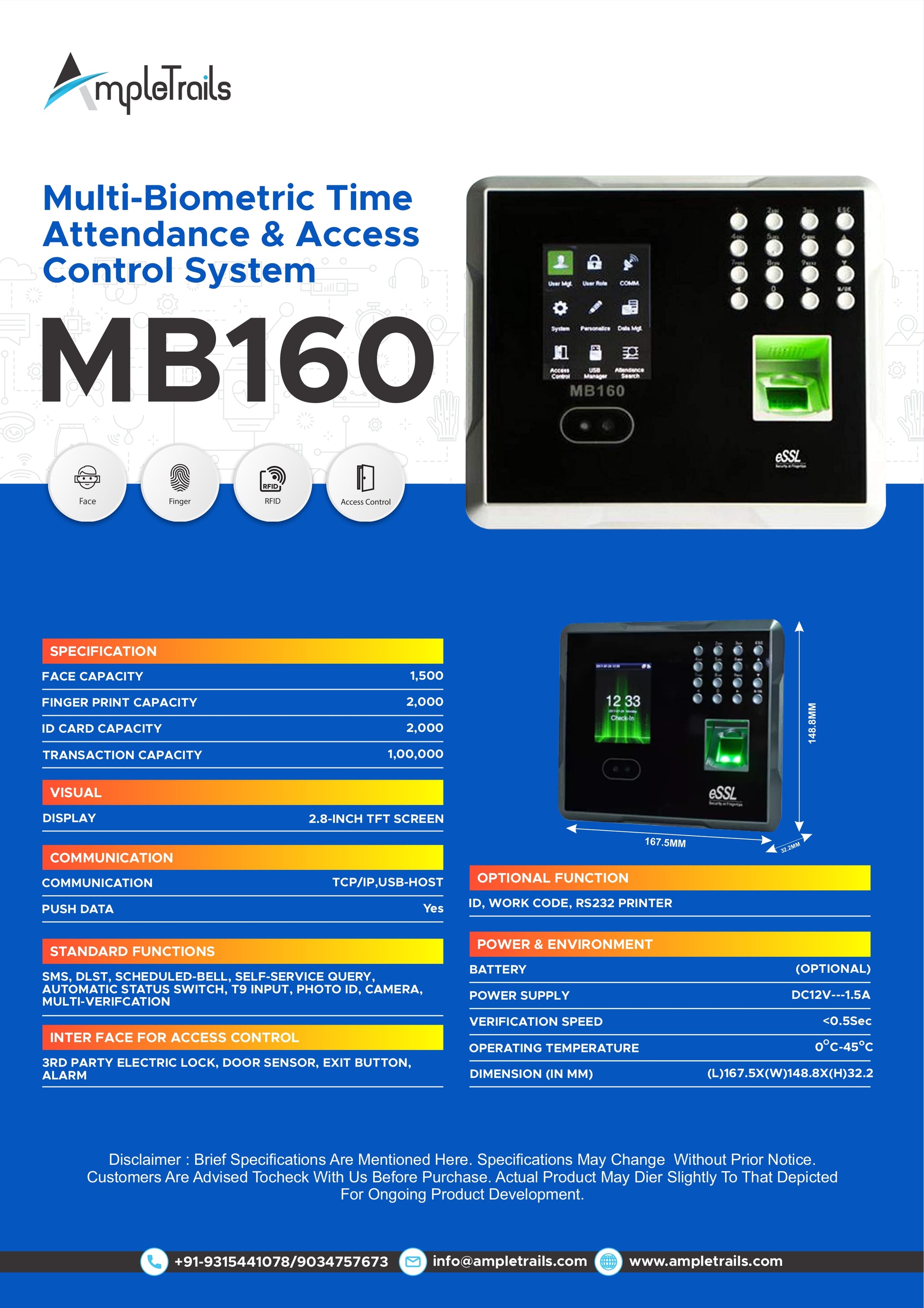 Face Biometric Attendance Machine eSSL MB160