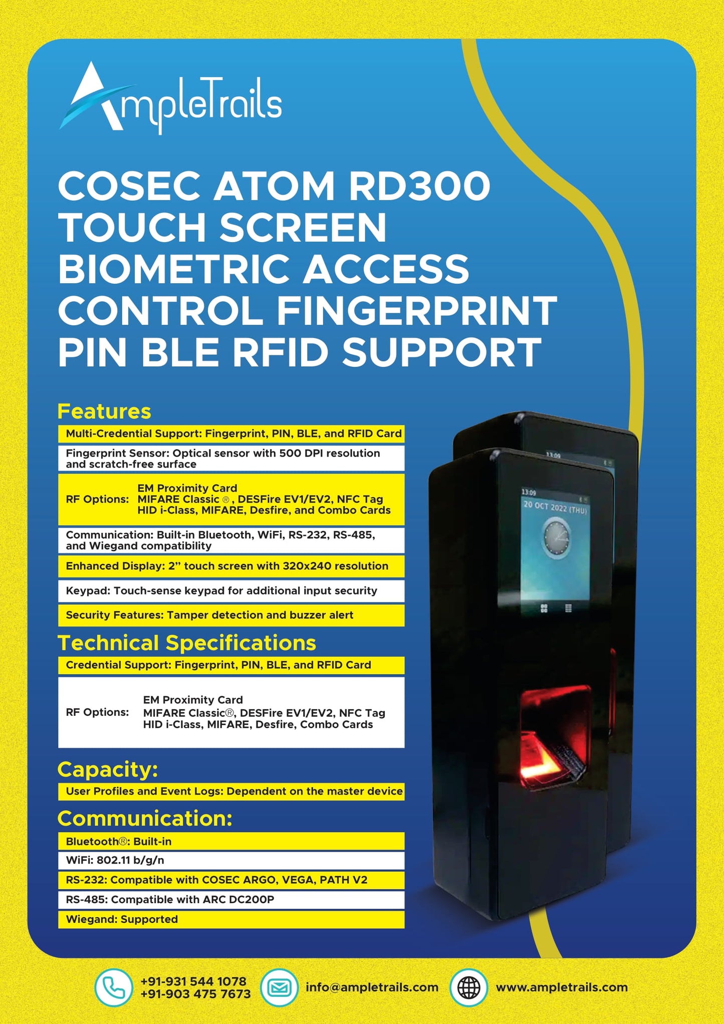 Cosec Atom RD300 Touch Screen Biometric Access Control Fingerprint PIN BLE RFID Support