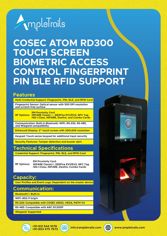 Cosec Atom RD300 Touch Screen Biometric Access Control Fingerprint PIN BLE RFID Support