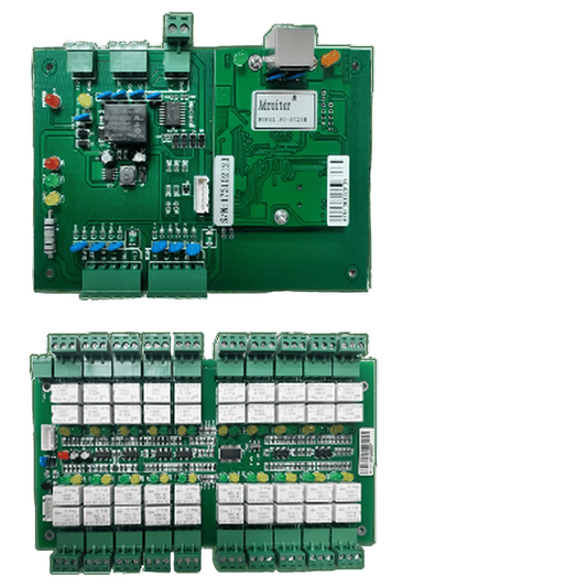 Two electronic circuit boards labeled EC-20M and EC-20K on a green background