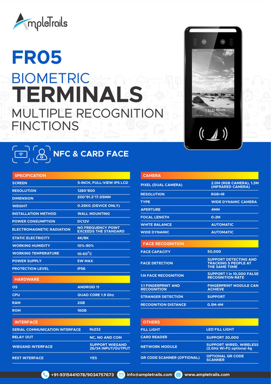 Face Reading Attendance Machine FR05 BIOMETRIC TERMINALS MULTIPLE RECOGNITION FINCTIONS