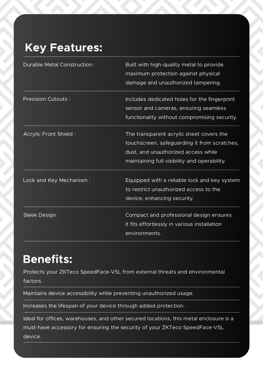Metal Enclosure for Zkteco SpeedFace-V5L Compatible for All Brands Long Range Face Attendance Machines