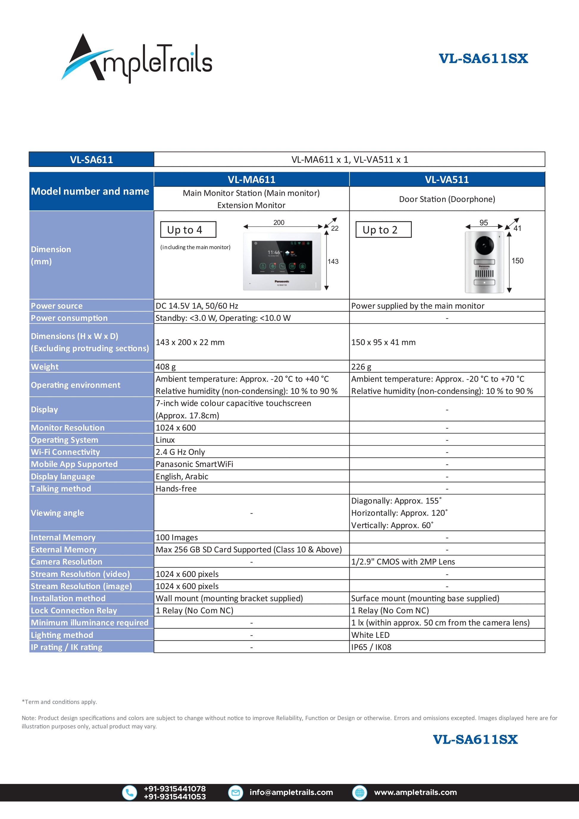 Panasonic Video Door Phone VL-SA611SX VDP Specifications