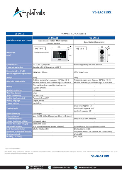 Panasonic Video Door Phone VL-SA611SX VDP Specifications
