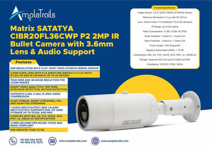 Matrix SATATYA CIBR20FL36CWP P2 2MP IR Bullet Camera with 3.6mm Lens & Audio Support