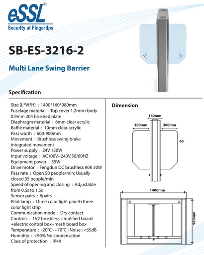 eSSL SB-ES-3216-2 Double Lane Swing Barrier Gate for High-Capacity Access
