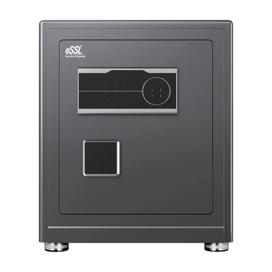 eSSL eSAFE-D-45 biometric safe locker with fingerprint sensor and password keypad, grey water-pattern finish, 41.5 L
