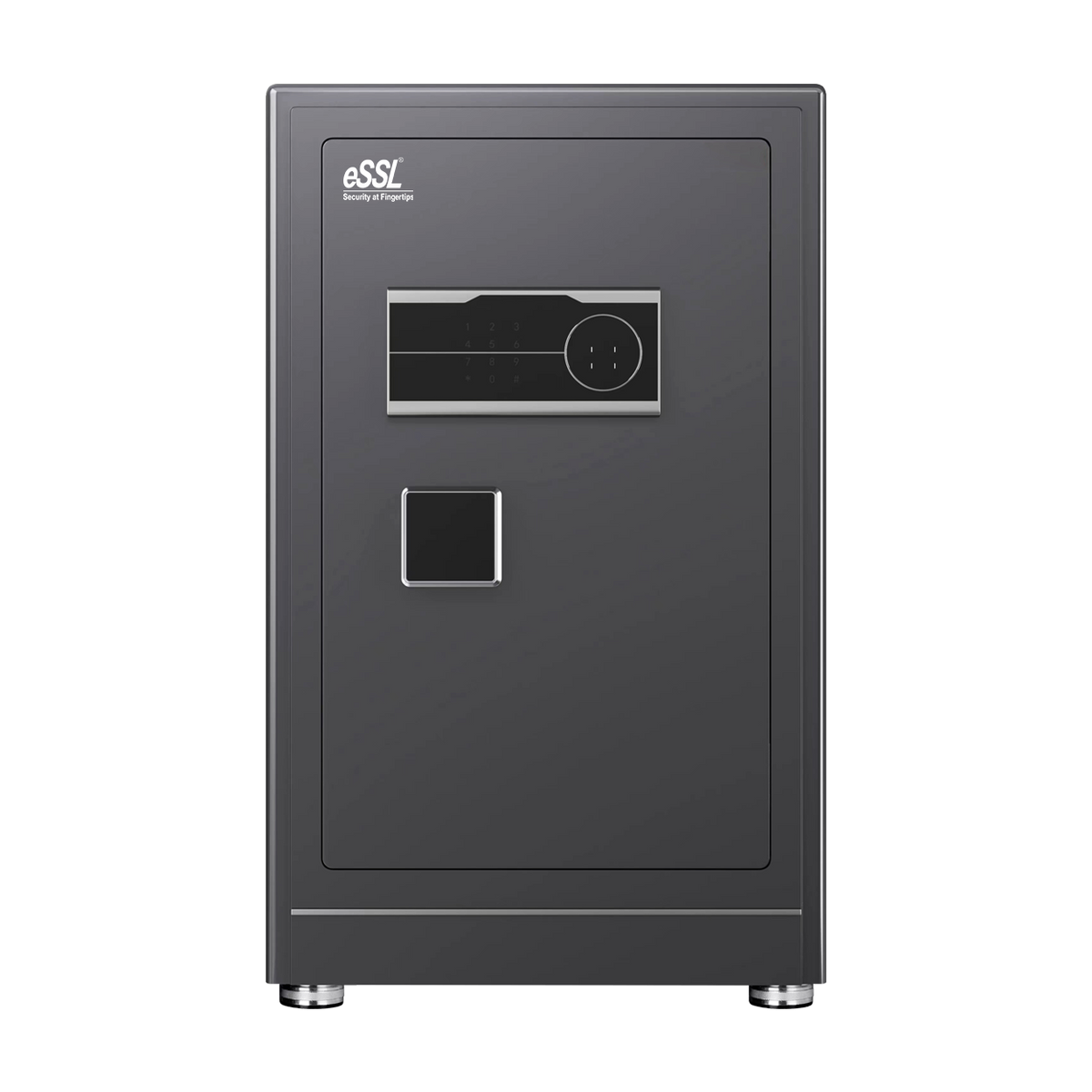 eSSL eSAFE-D-60 biometric safe locker with fingerprint sensor and password keypad, grey water-pattern finish, 60 L