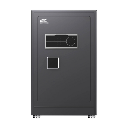 eSSL eSAFE-D-60 biometric safe locker with fingerprint sensor and password keypad, grey water-pattern finish, 60 L