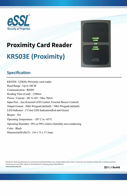 eSSL KR503-E RFID Card Reader – 125KHz EM for Access Control